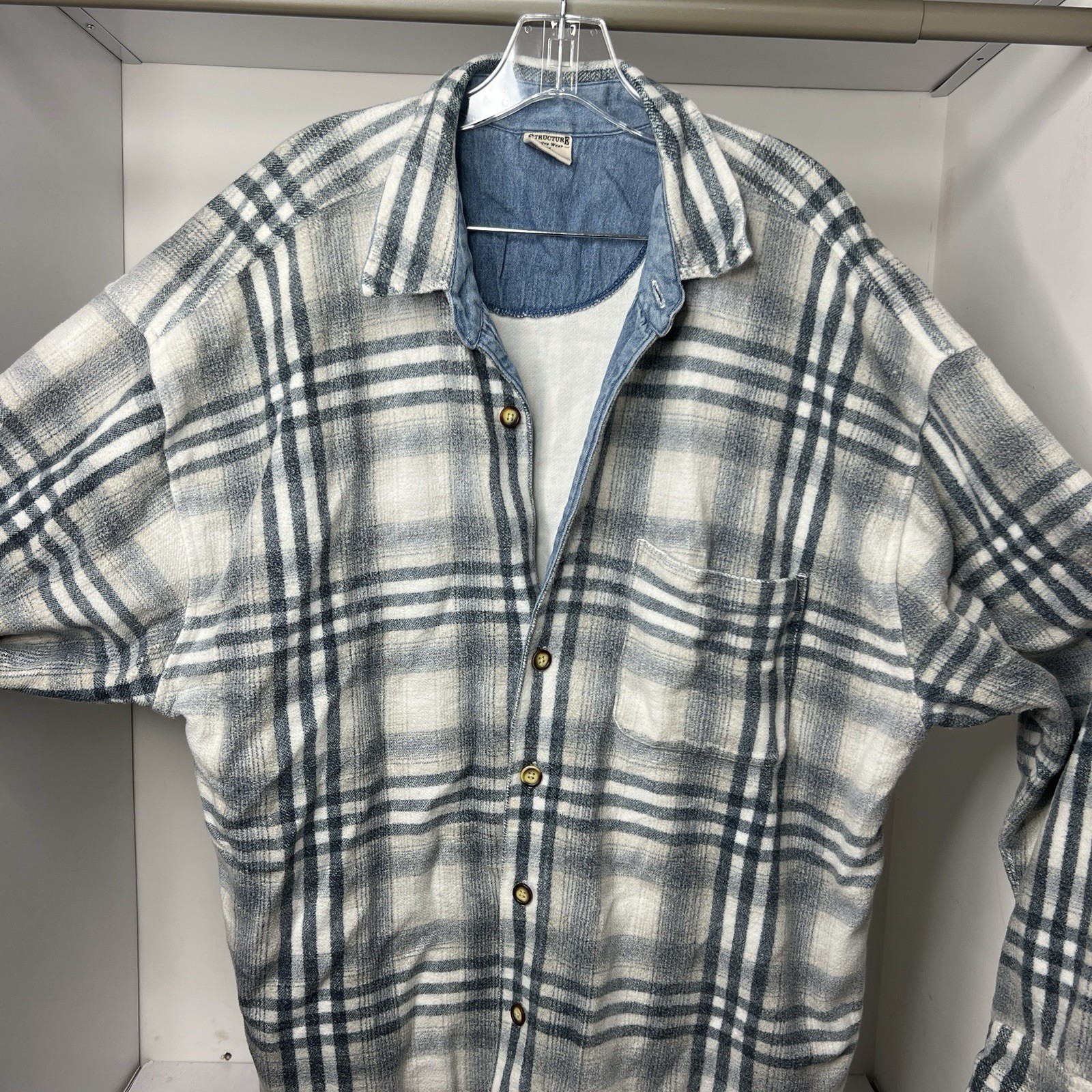 VTG Structure Active Wear Mens XL Plaid Blue White Long Sleeve Button Up