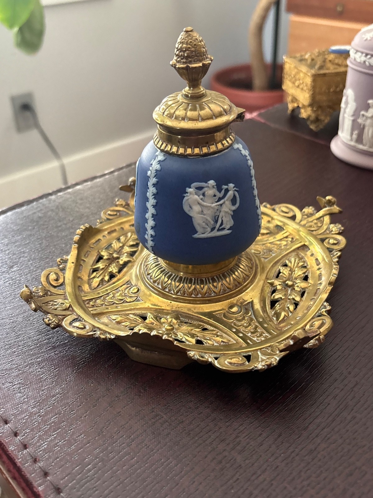 c.1883 Wedgwood dark blue jasperware & brass inkwell c.1883 Wedgwood dark blue jasperware & brass inkwell