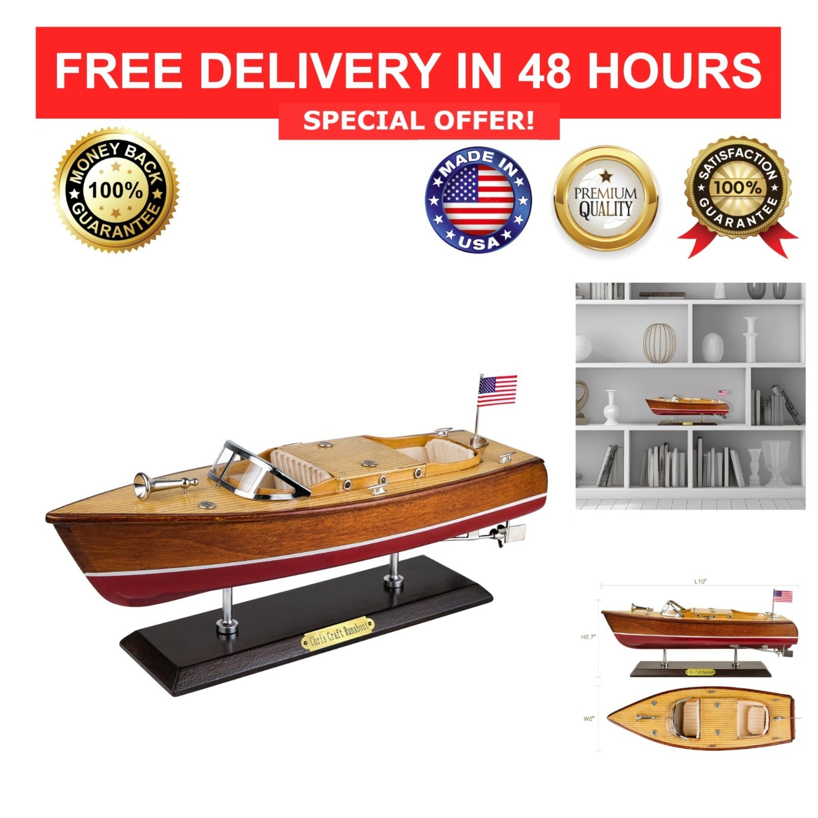 SAILINGSTORY Wooden Speedboat Model Chris-Craft Runabout Boat Yacht Decor 15\