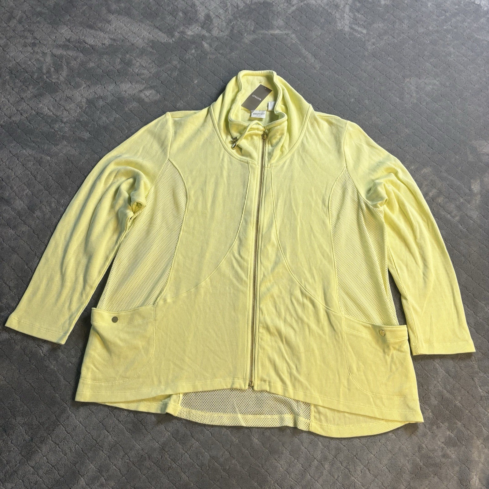 Chico\'s Zenergy Light Yellow Jacket Mesh Detail w/ Pockets Large Chico\'s Size 4 Chico\'s Zenergy Light Yellow Jacket Mesh Detail w/ Pockets Large Chico\'s Size 4