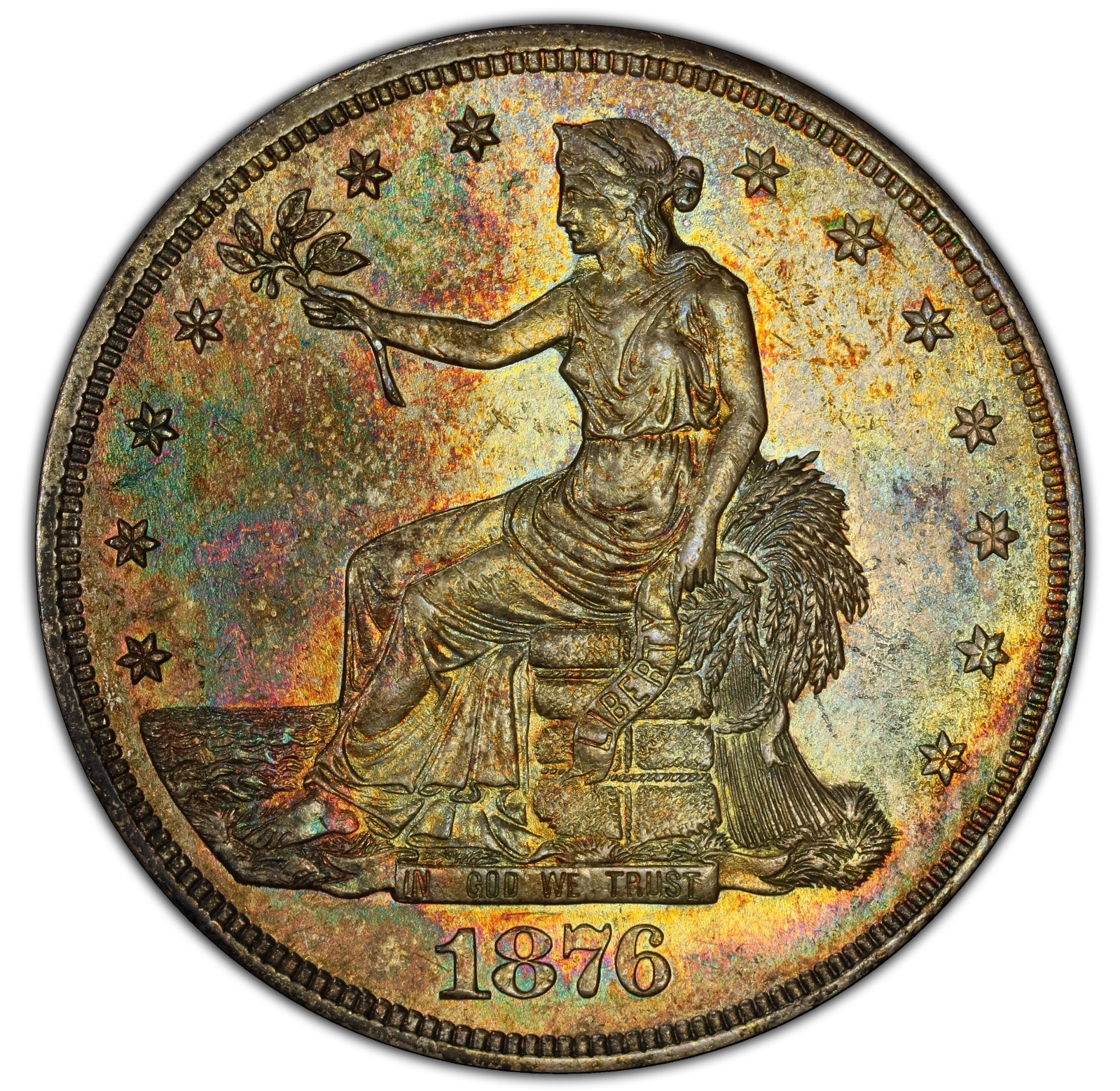 1876-S Trade Dollar - Gorgeous Multi Colored Uncirculated Specimen - STUNNING 1876-S Trade Dollar - Gorgeous Multi Colored Uncirculated Specimen - STUNNING