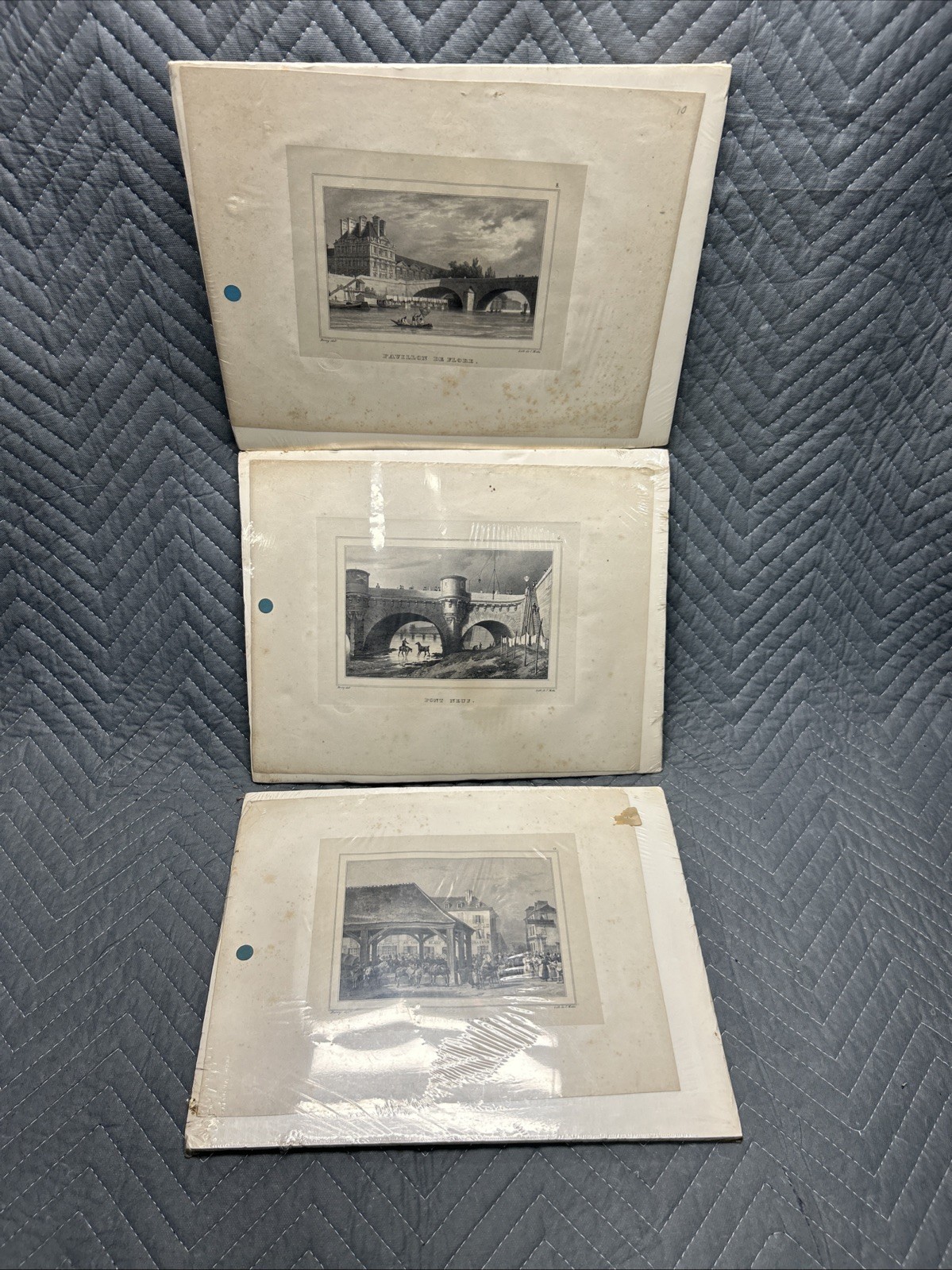 Antique c1820 French Lithographs Deroy  Paris Pont Neuf Pavilion Flore Set Of 3