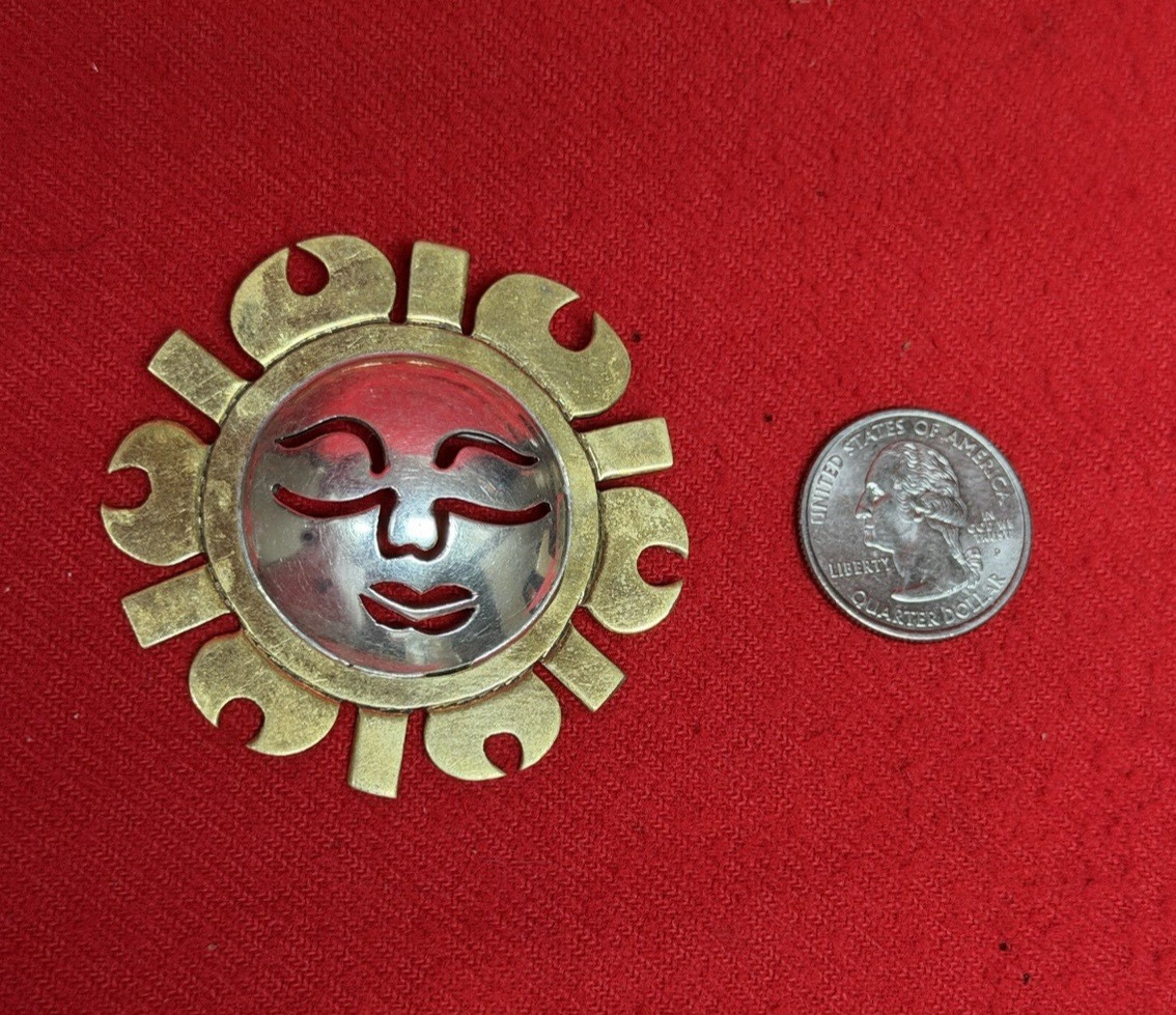 Vintage Taxco Mexico .925 Sterling & Brass Sun Pendant Brooch Metales TR-142 Vintage Taxco Mexico .925 Sterling & Brass Sun Pendant Brooch Metales TR-142