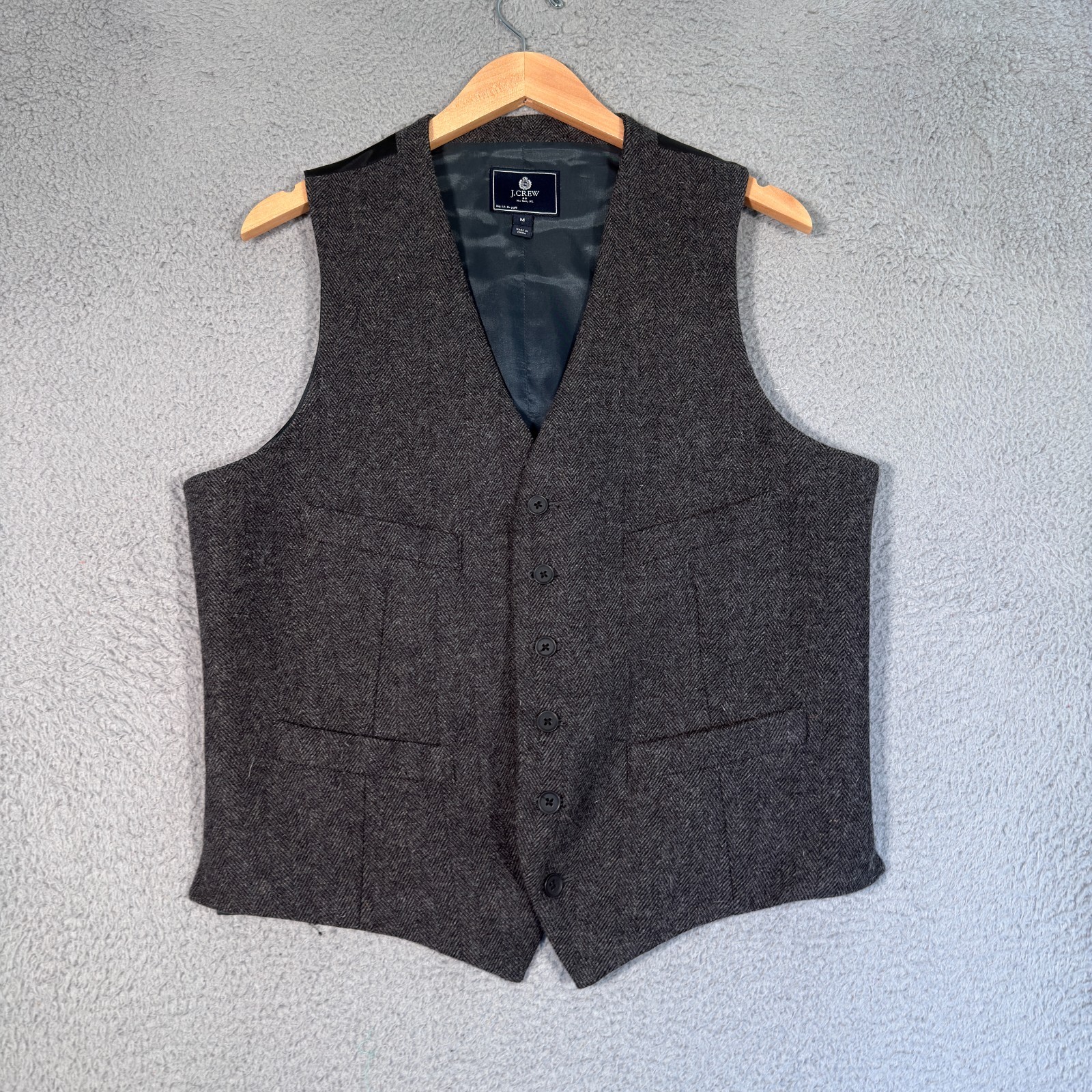J Crew Vest Men\'s Medium Gray Tweed Wool Button Front Cinch Belt Western Career