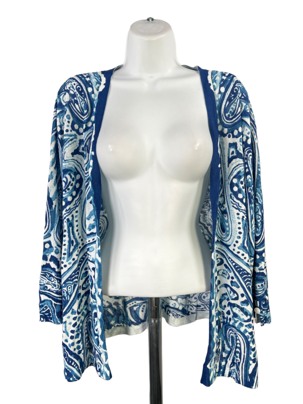 Chico\'s Women\'s Blue/White Paisley 3/4 Sleeve Open Cardigan Sweater - 2/US L