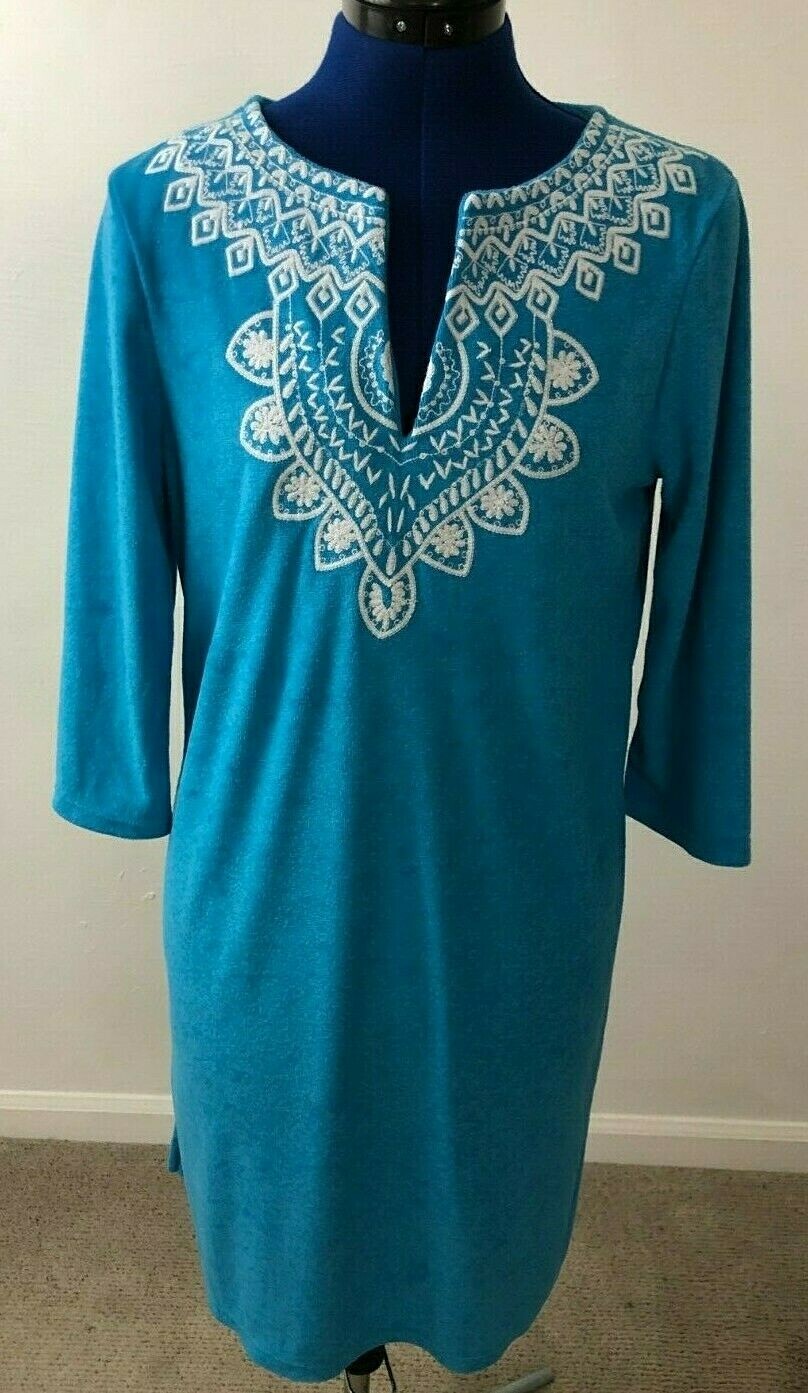 NWT $90 Talbots Women\'s Size Small Terry Turquoise Dress V-neck Embroidery NWT $90 Talbots Women\'s Size Small Terry Turquoise Dress V-neck Embroidery