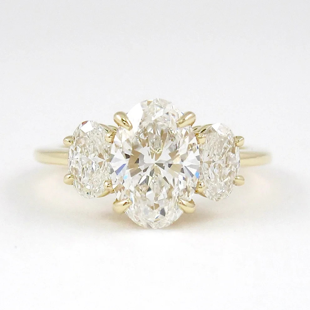 Moissanite Three Stone Engagement Ring 3.15 Carat Oval Cut Solid 14K Yellow Gold