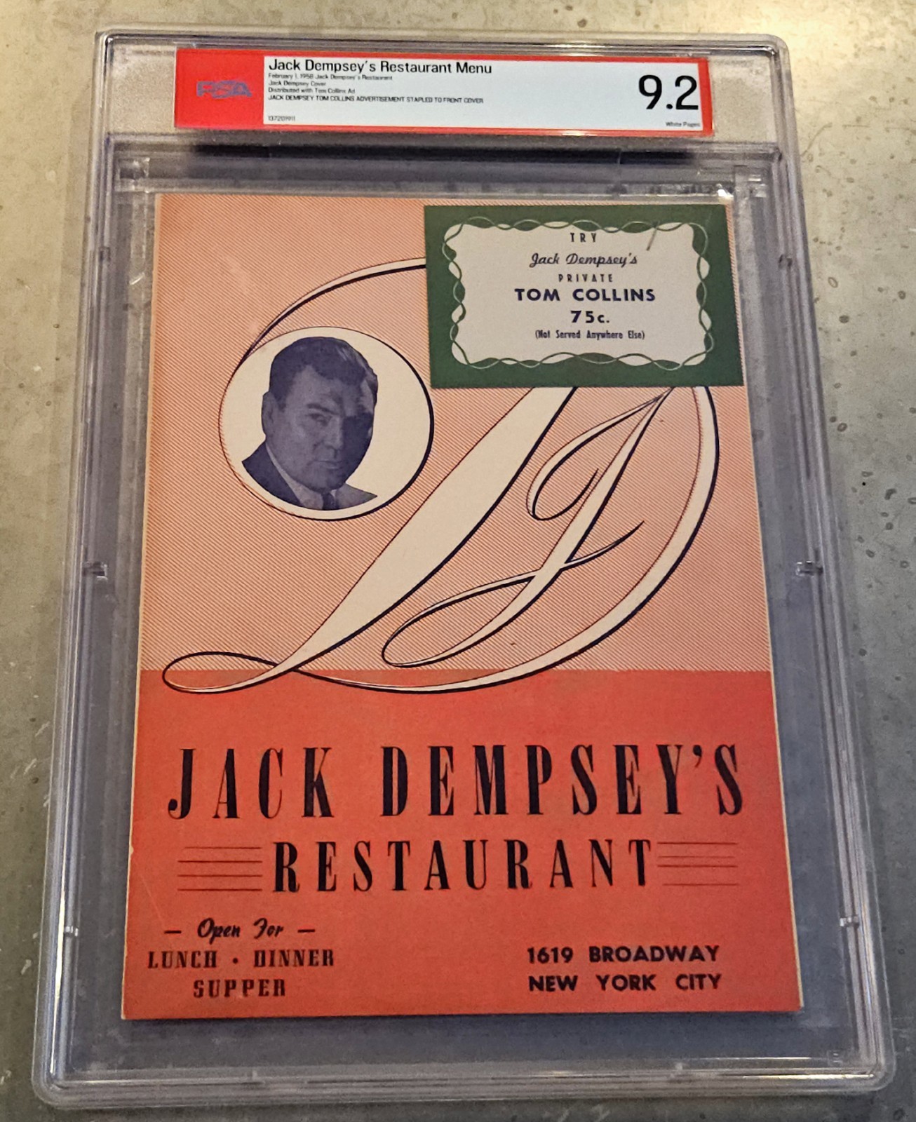 1958 JACK DEMPSEY\'S🍸Restaurant Menu 🍴 Boxing Heavyweight Champ 🥊 PSA 9.2 💎