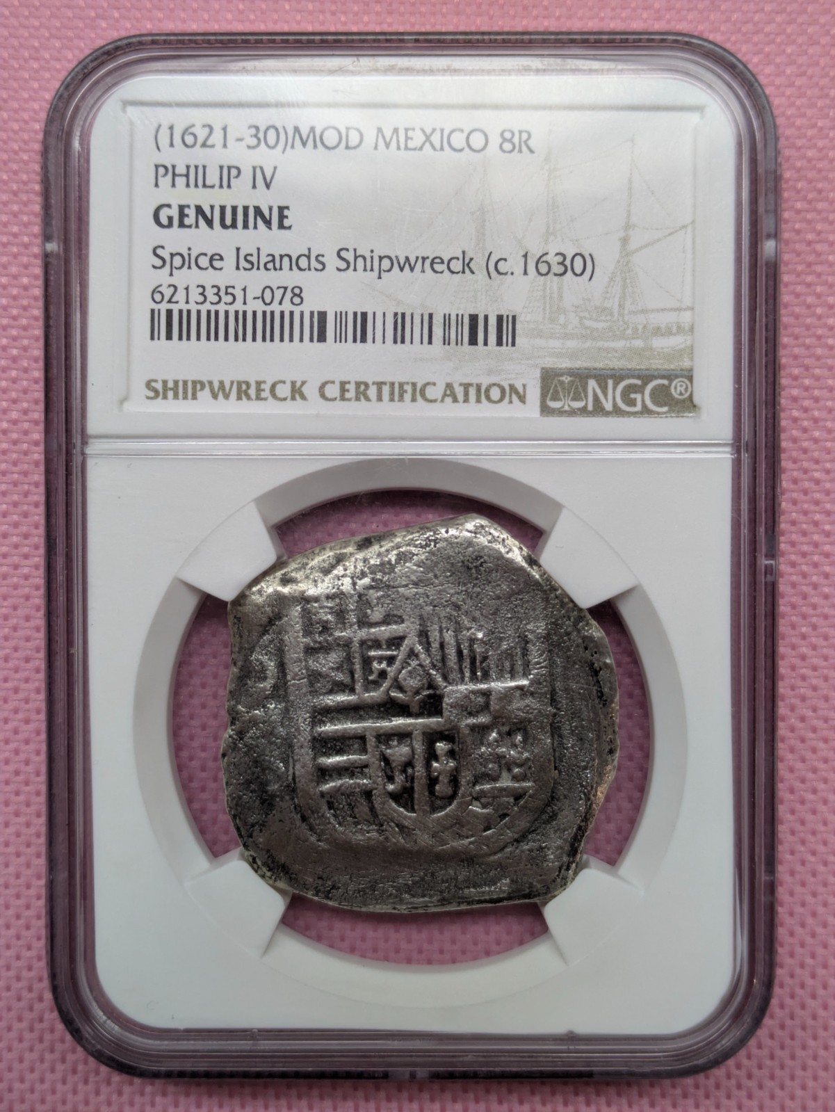 1621-30 Mexico 8 Reales NGC Genuine Philip IV Spice Islands Shipwreck Cob