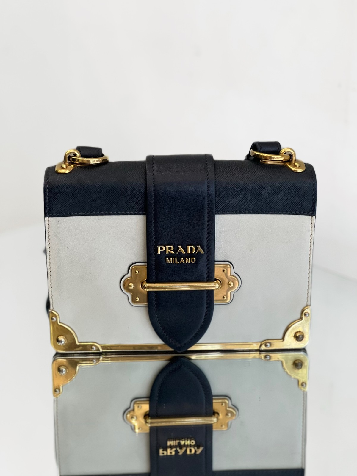 Authentic Prada Cahier Limited Edition Black White Leather Crossbody Bag 20cm