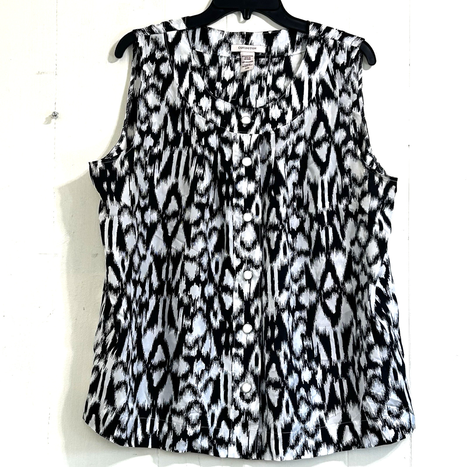 Covington Black White 100% Silk Top Size XL Sleeveless Button Down Closure Top Covington Black White 100% Silk Top Size XL Sleeveless Button Down Closure Top