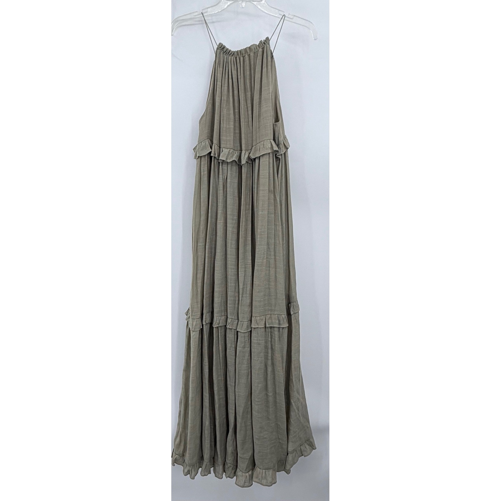 Fab\'rik Maxi Dress Womens Medium Green Tiered Ruffle Boho Halter Lined
