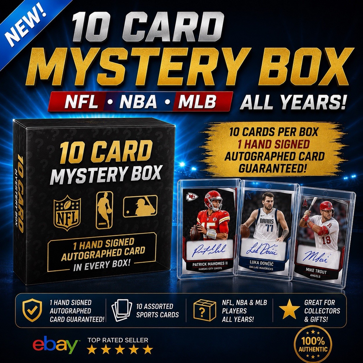 Sports Cards Mystery Box NFL NBA MLB 1 Guaranteed Auto 10 Random Cards Per Box