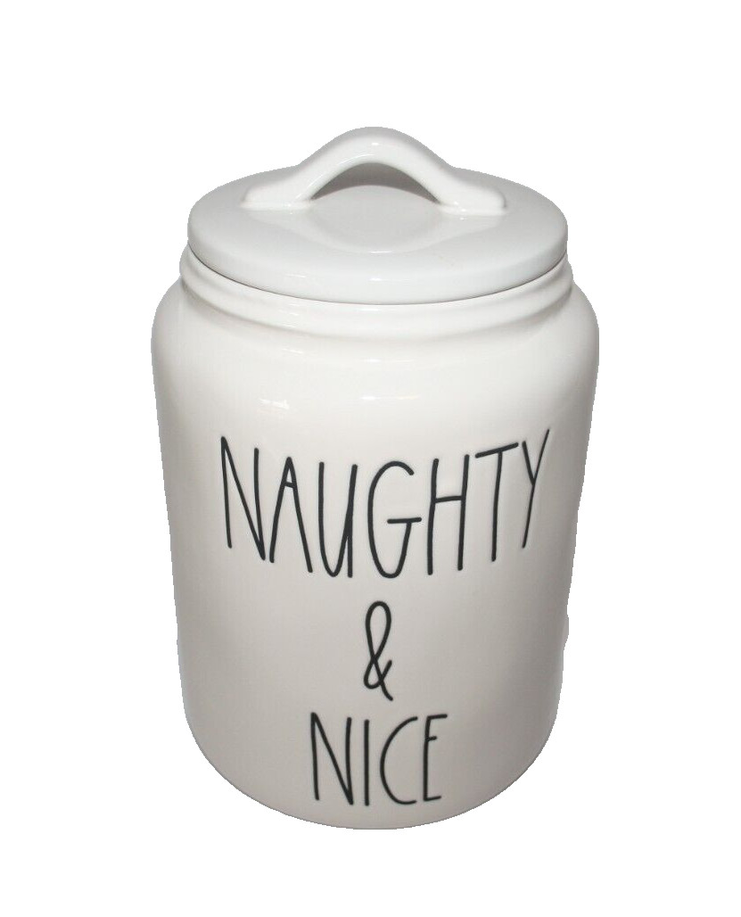Rae Dunn Christmas Naughty & Nice Cookie Jar White W/Black Lettering 9\