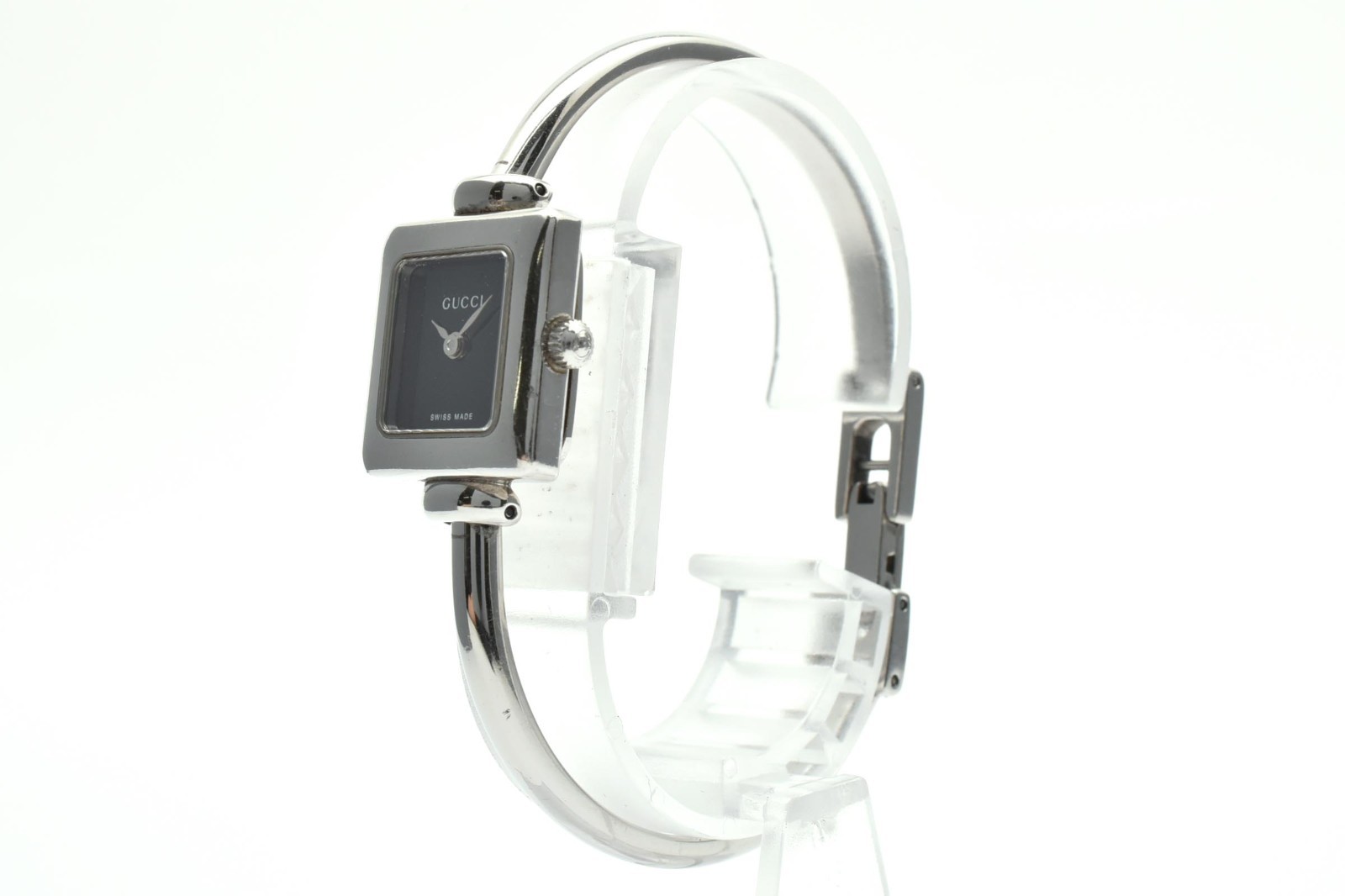 Gucci 1900L Ladies Quartz Silver Square Black Dial Bangle Watch Read Desc