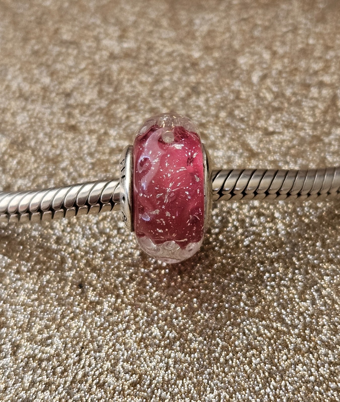 Authentic Pandora Wavy Fancy Pink Silver Murano Charm