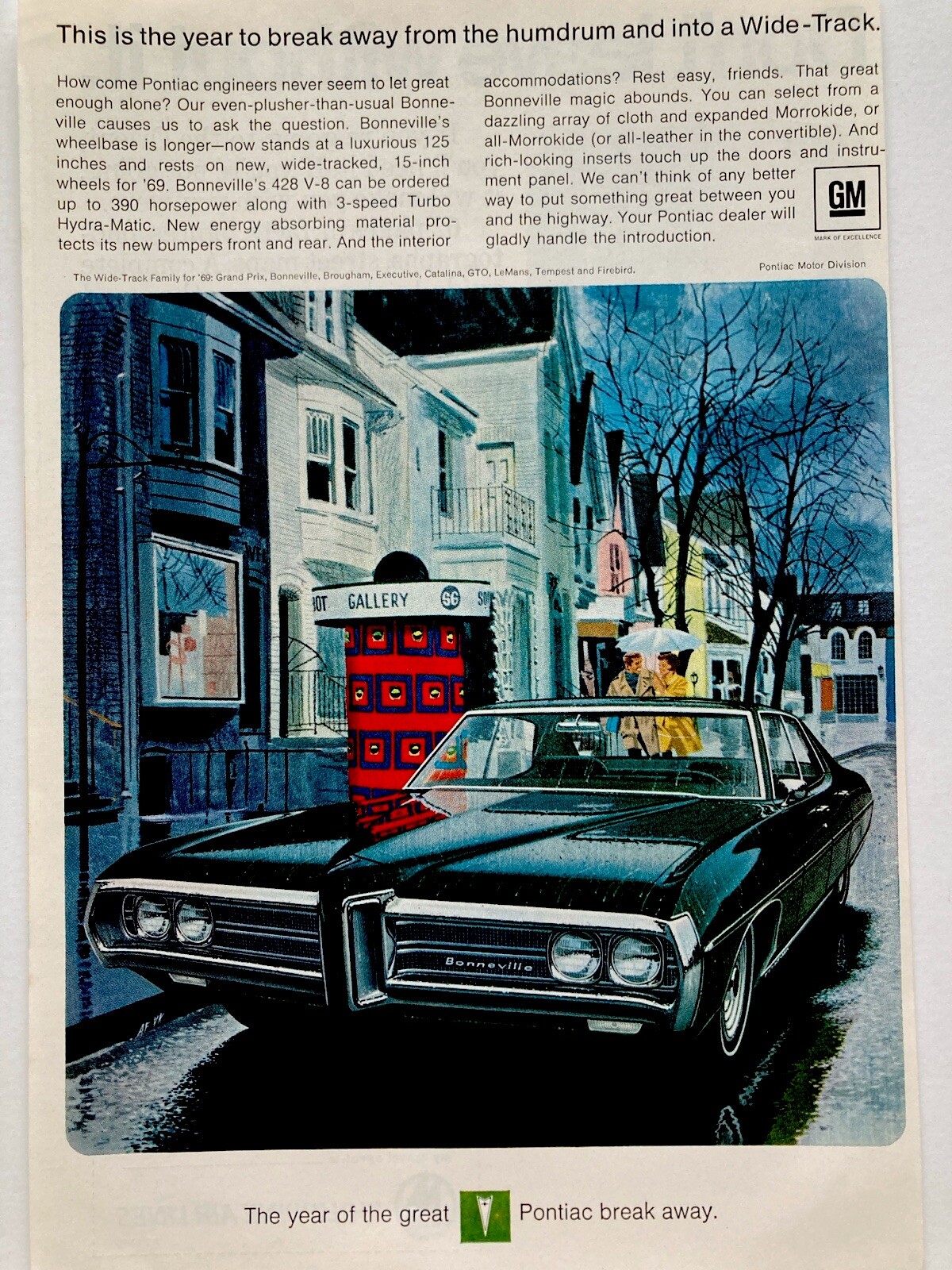 1969 Pontiac Bonneville 4 Door Print Ad Wide Track Break Away From Humdrum