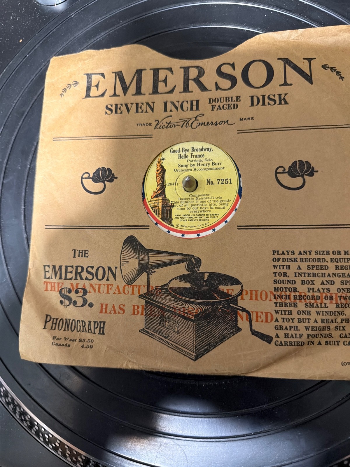 78 rpm Emerson 7251, 6 inch disc w sleeve goodbye Broadway, hello France, vg 78 rpm Emerson 7251, 6 inch disc w sleeve goodbye Broadway, hello France, vg