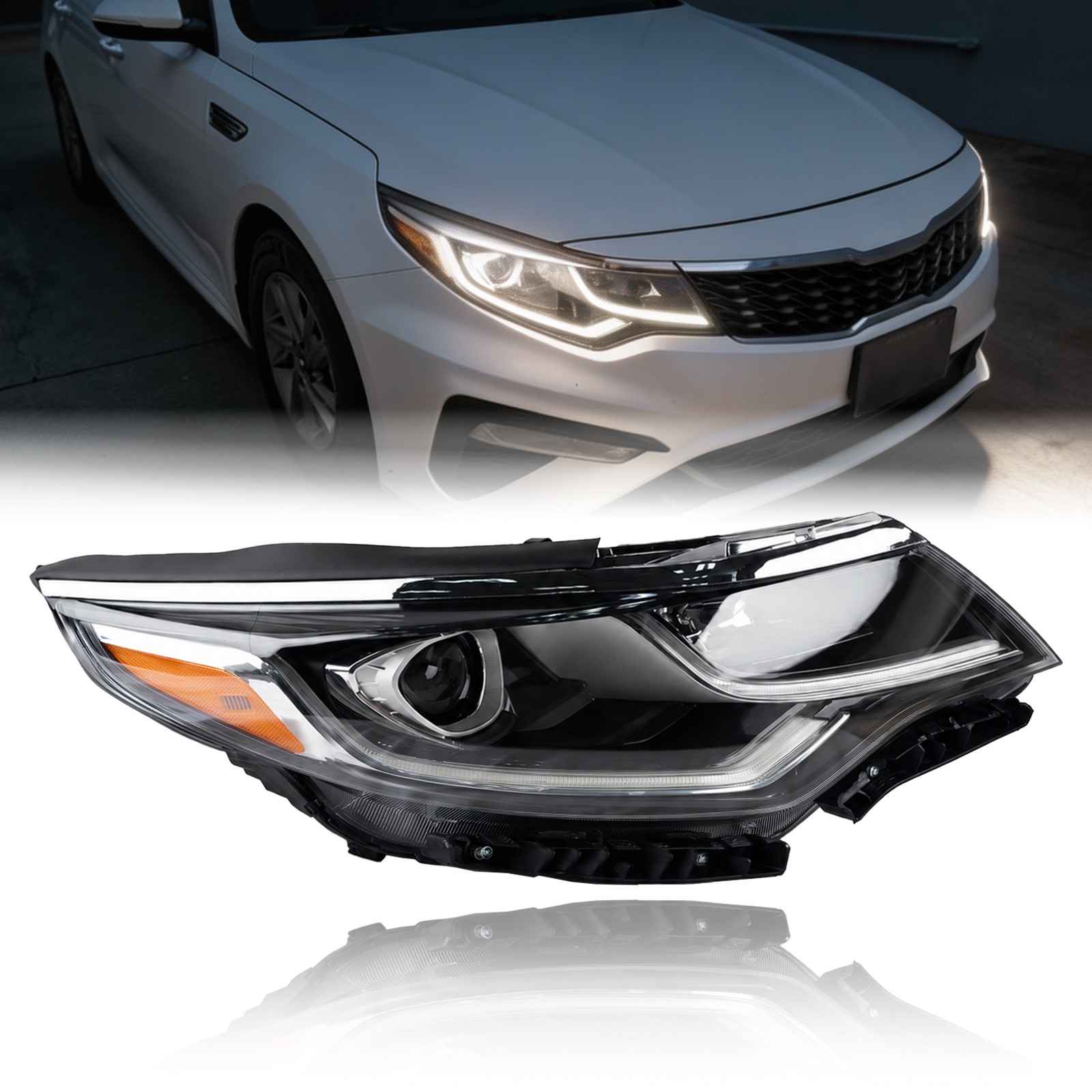 For 2019 2020 Kia Optima Halogen Headlight Passenger Side w/Bulbs & LED DRL RH