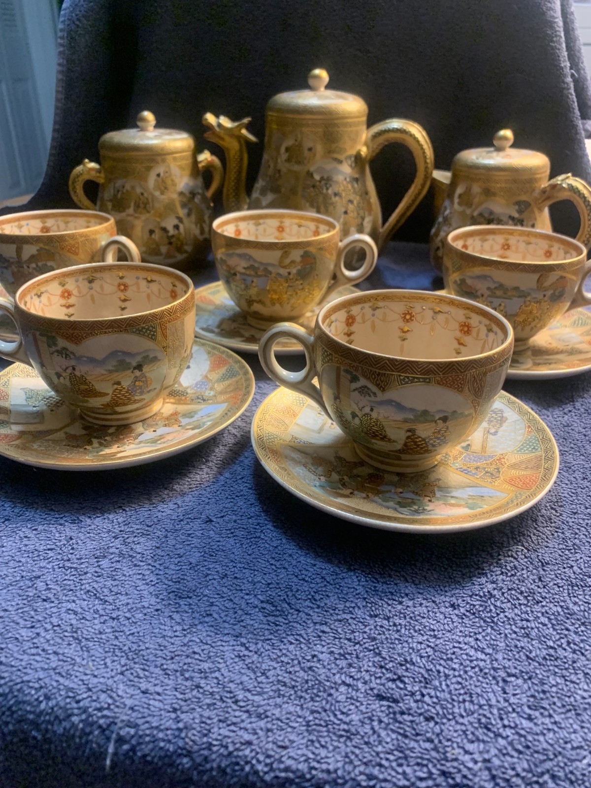 Antique Meiji Hand Painted Satsuma Tea Set with 5 Cups and Saucers