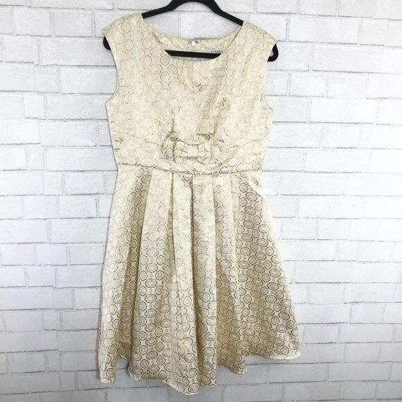 Geode Modcloth Gold Geometric Pleated Fit & Flare Midi Dress Women\'s Size Large