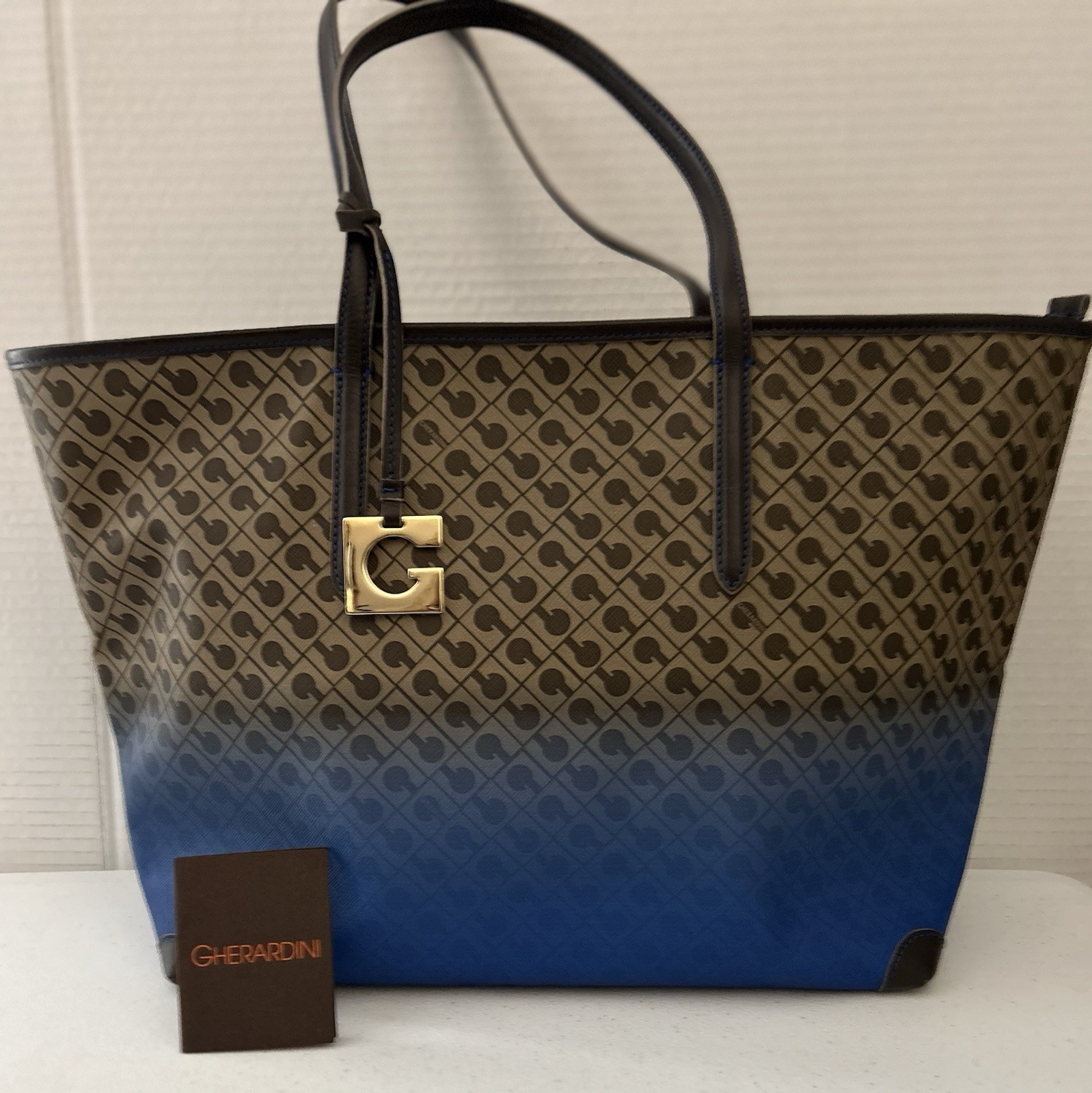 Gherardini Tote Italy Double Handle Logo Leather & Coated Canvas Brown/Blue