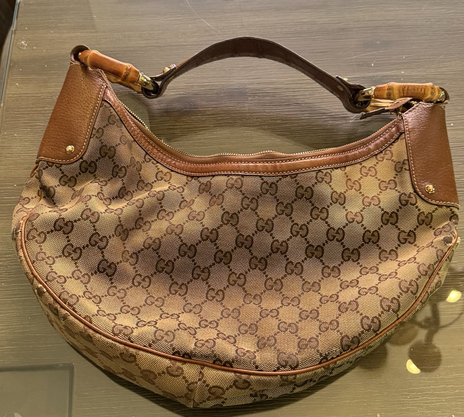 Vintage Worn Gucci GG Canvas Bamboo Ring Hobo Bag Brown Leather Made in Italy Vintage Worn Gucci GG Canvas Bamboo Ring Hobo Bag Brown Leather Made in Italy