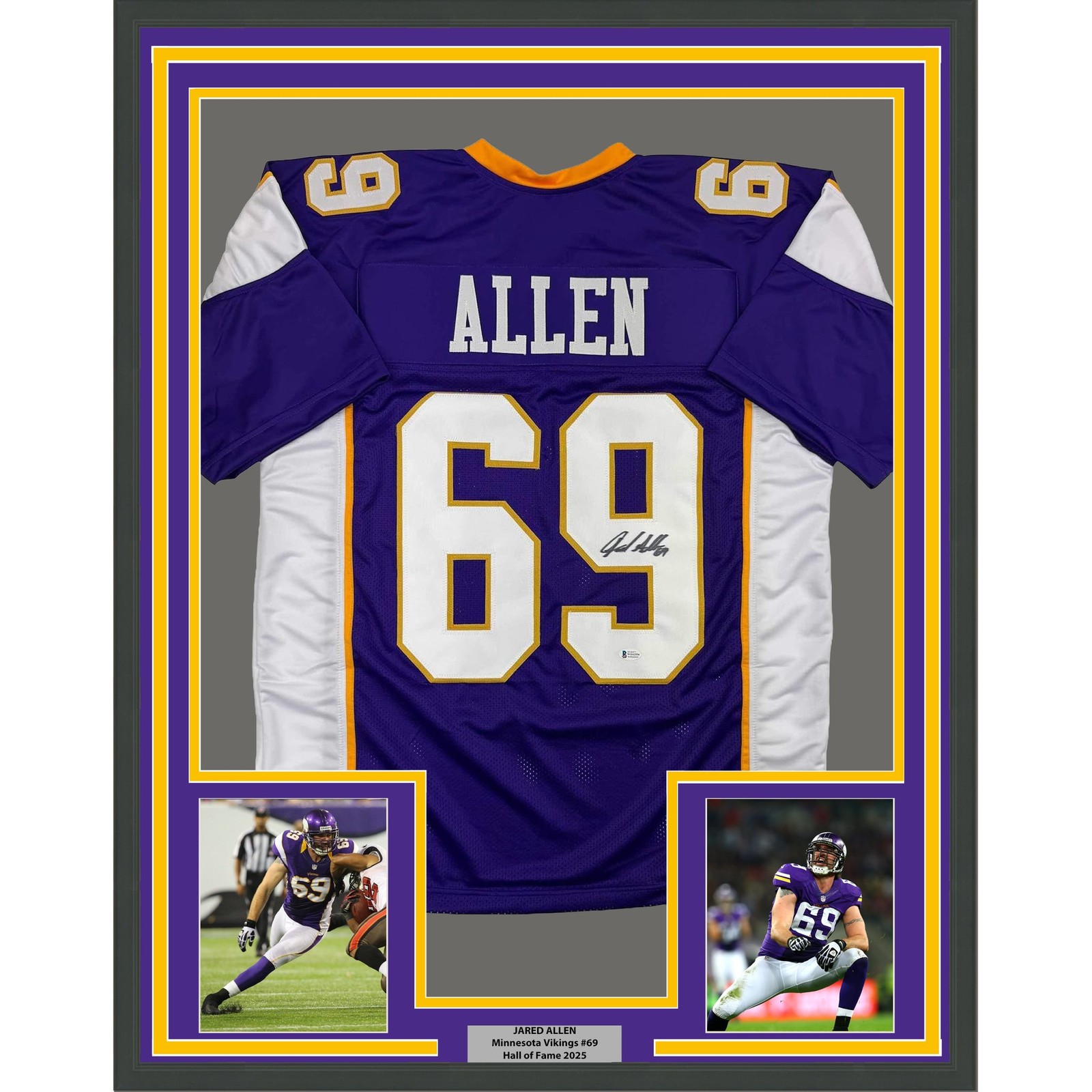 Framed Autographed/Signed Jared Allen 35x39 Minnesota Purple Jersey BAS COA