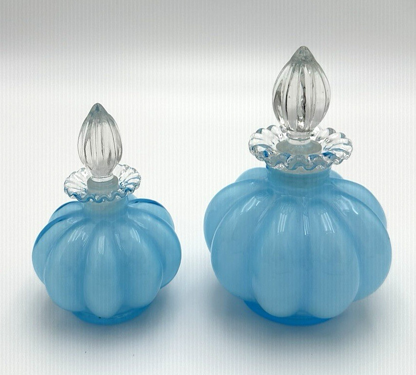 Pair Vintage Fenton Blue Melon Overlay Art Glass Powder Blue Perfume Bottle