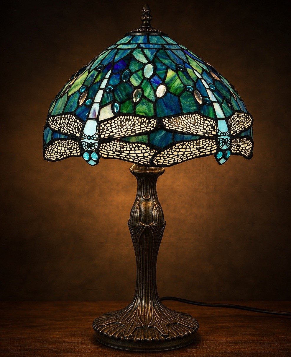 Luxury Dragonfly Tiffany Style Stained Glass Table Lamp 18” Art Nouveau Decor