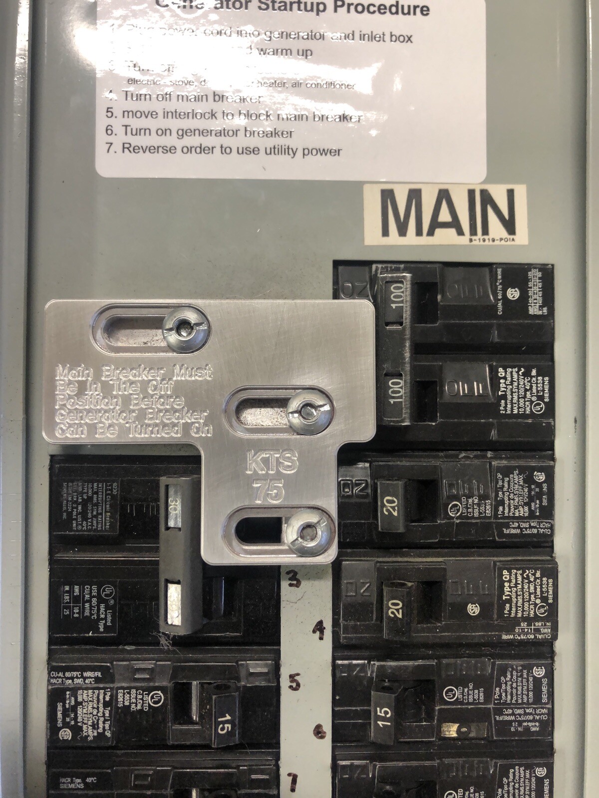 100 Amp Siemans / ITE  KTS-75   Generator Interlock