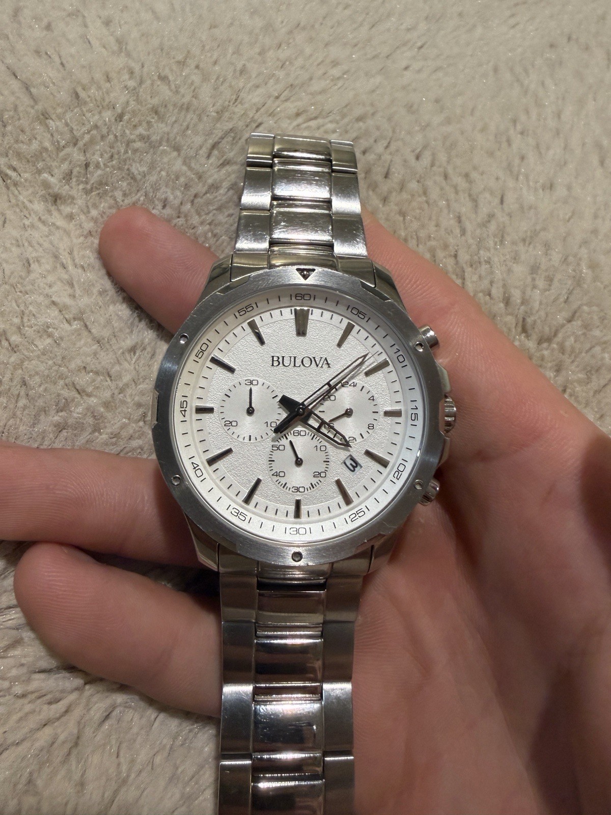 Bulova Men\'s Chronograph Date Analog White Dial Stainless Steel Bracelet