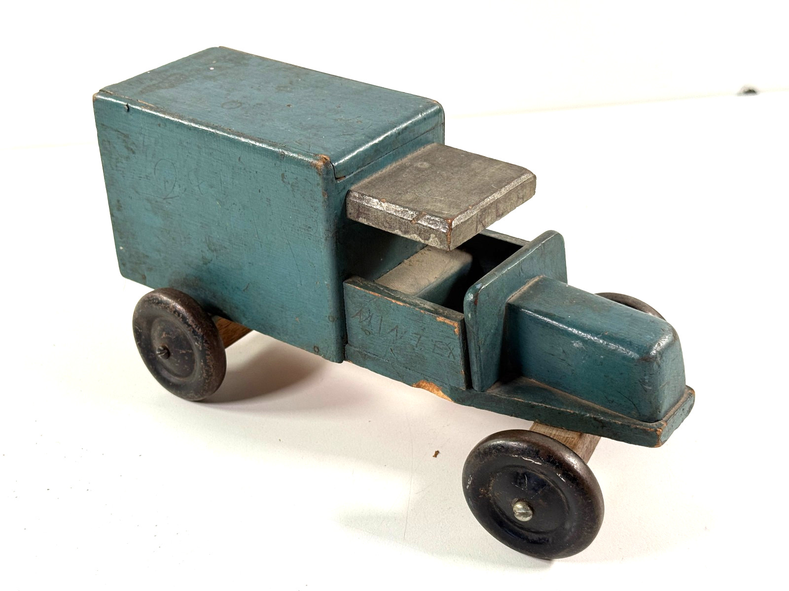 vtg 20s 30s Folk Art Wood Wooden Carved Toy Blue Delivery Truck vtg 20s 30s Folk Art Wood Wooden Carved Toy Blue Delivery Truck
