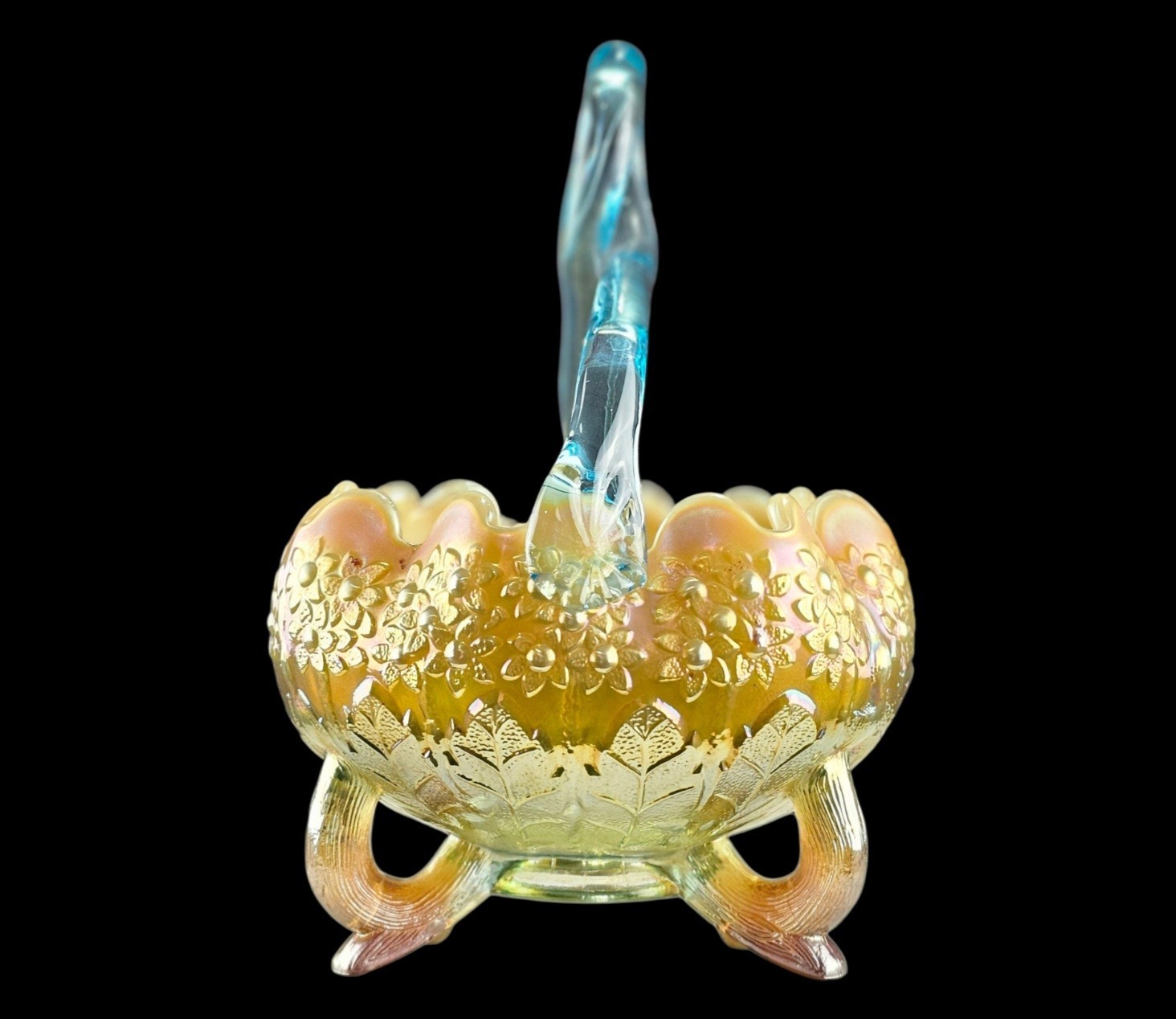 Limited 500 Fenton % Levay Aqua Opal Orange Tree Carnival Loop Handle *Flawed