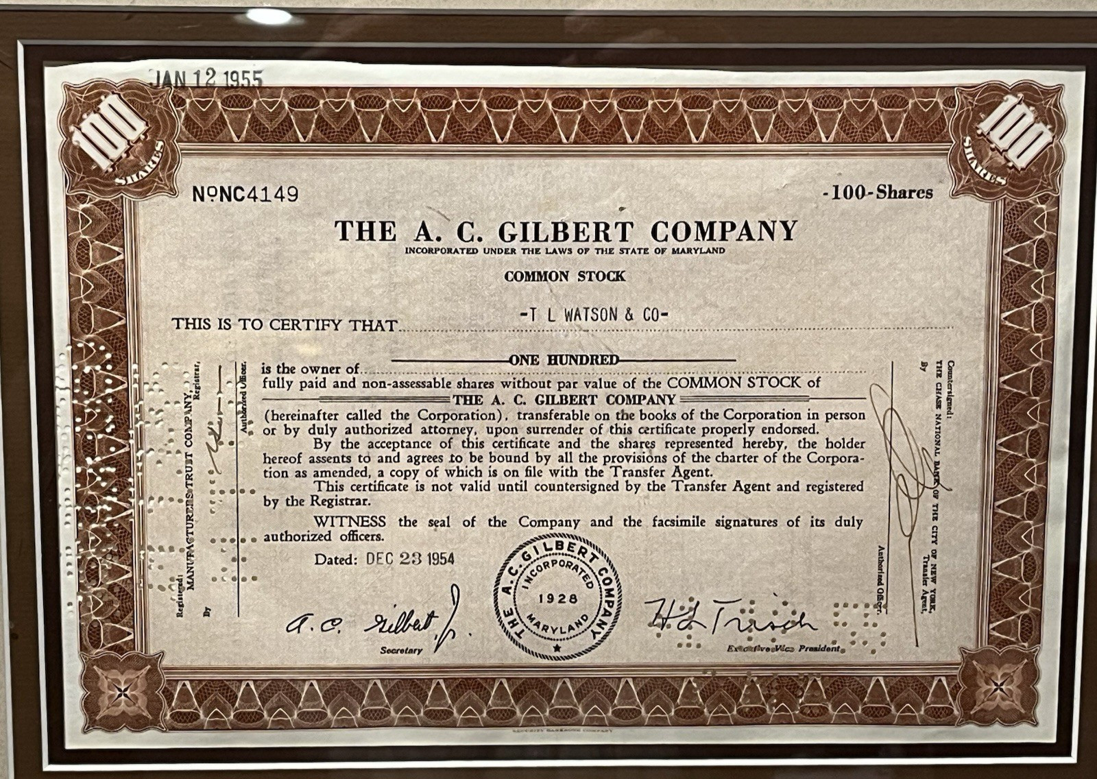 Original A.C. GIlbert Company Stock Certificate - 100 Shares - Framed and Matted