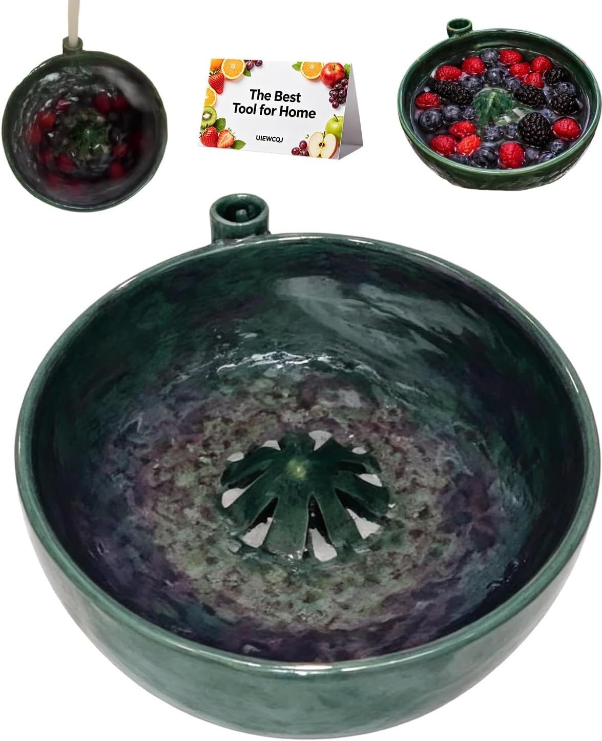 Self Spinning Ceramic Fruit Washing Bowl with Drain Basket