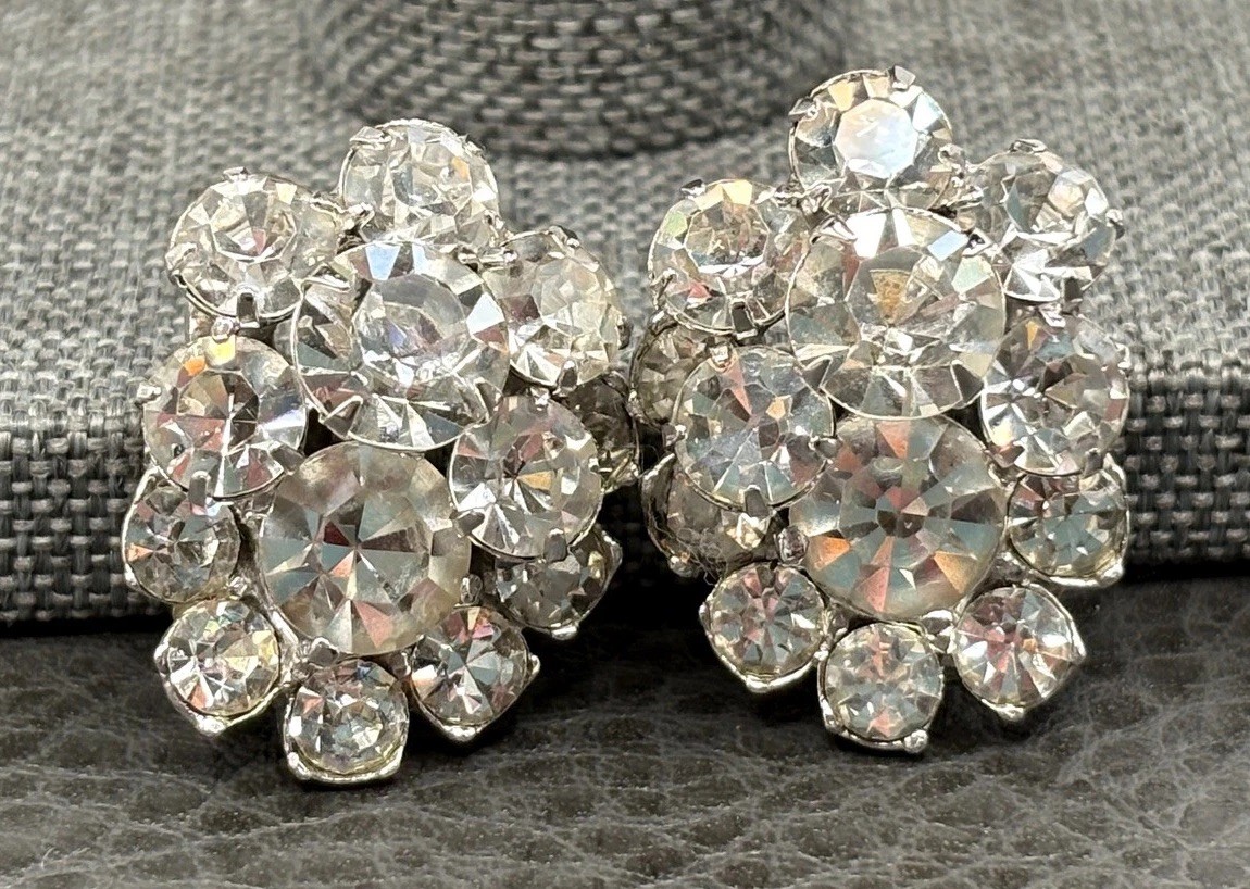 Vintage Eisenberg Ice Rhinestone Cluster Clip-On Earrings Floral Silver Tone