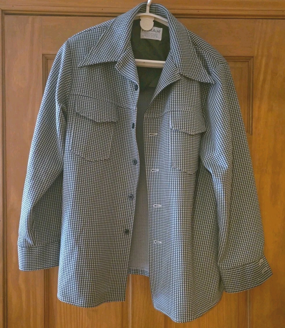Mens Vintage Farah Leisure Sport Jacket Green White Checkered 1970s Fitted DISCO