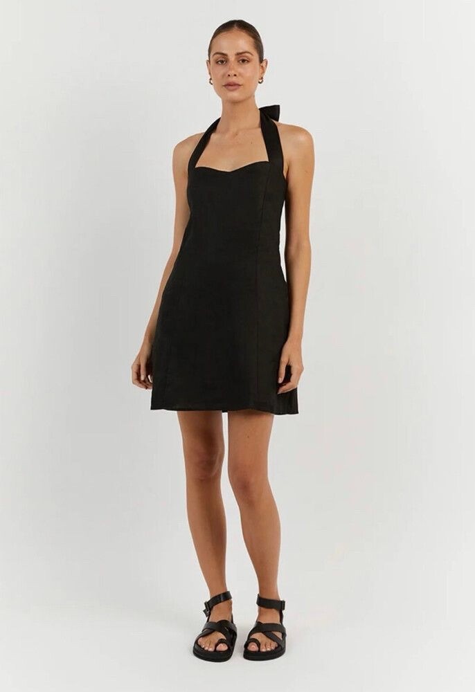 DISSH Willow Black Linen Halter Mini Dress US 4 Women\'s Little Black Dress
