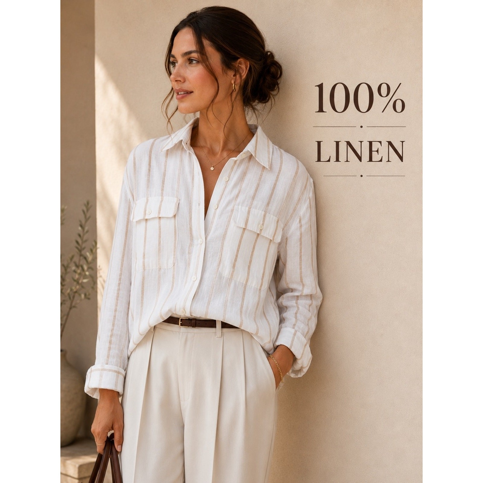 Vineyard Vines 100% Linen Striped Button Front Shirt | White & Tan | Size 16