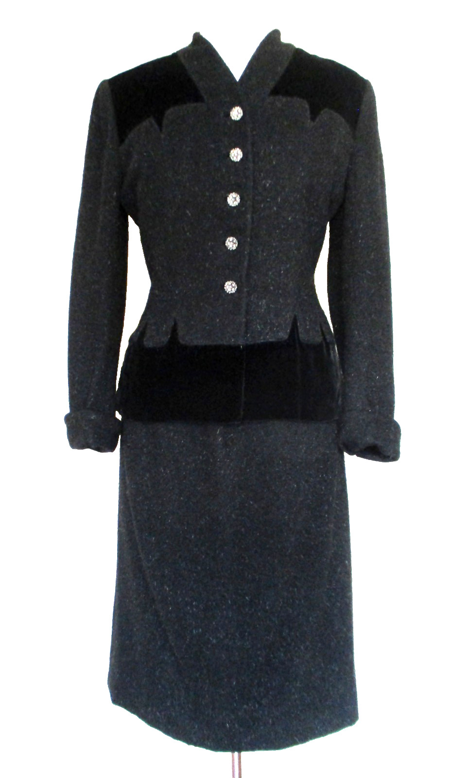 Vintage 40s 50s Lilli Ann Skirt Suit Gray Wool Velvet Trim Hourglass Tailoring S