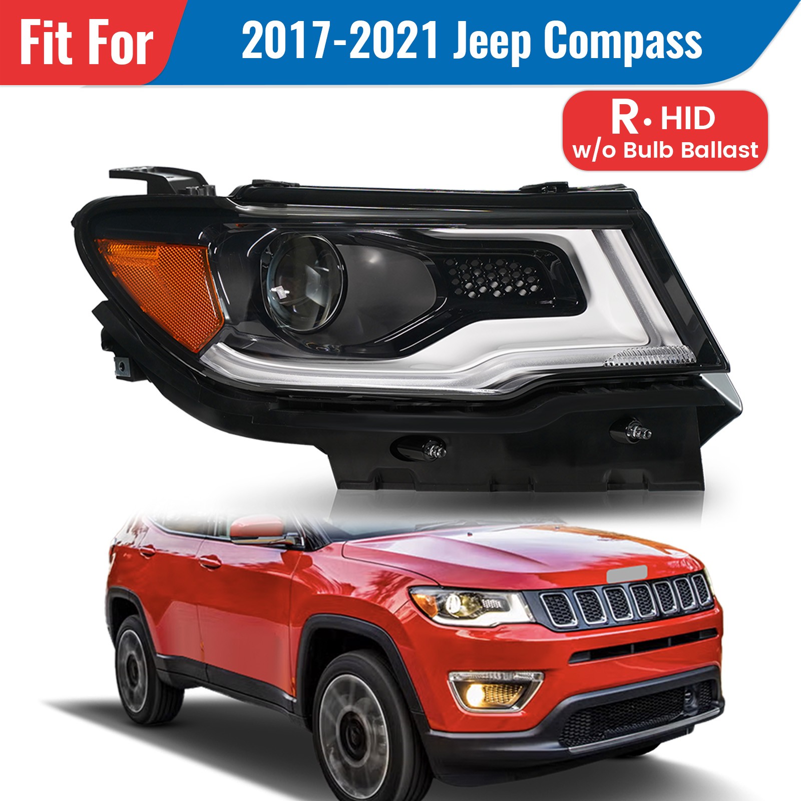For 2017-2021 Jeep Compass HID/Xenon Headlight w/ LED DRL Projector Passenger