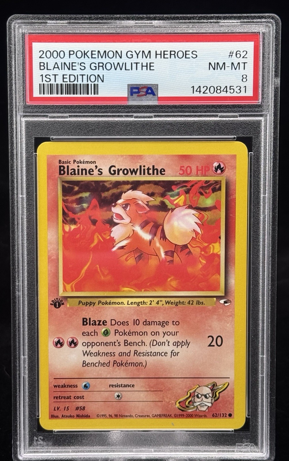 Blaine’s Growlithe #62 1st Edition Gym Heroes 2000 Pokemon PSA 8 🔥