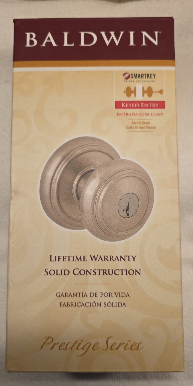 NEW BALDWIN Prestige Series Alcott Knob Satin Nickel Fin Keyed Entry 93540-013 NEW BALDWIN Prestige Series Alcott Knob Satin Nickel Fin Keyed Entry 93540-013