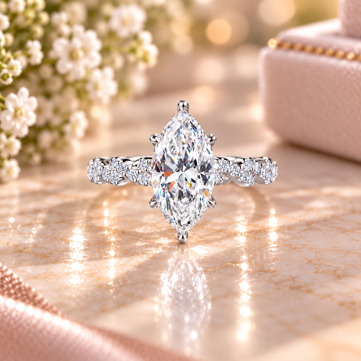 IGI 2.30Ct Marquise-Cut Lab Grown Diamond Twisted Engagement Ring 14k White Gold