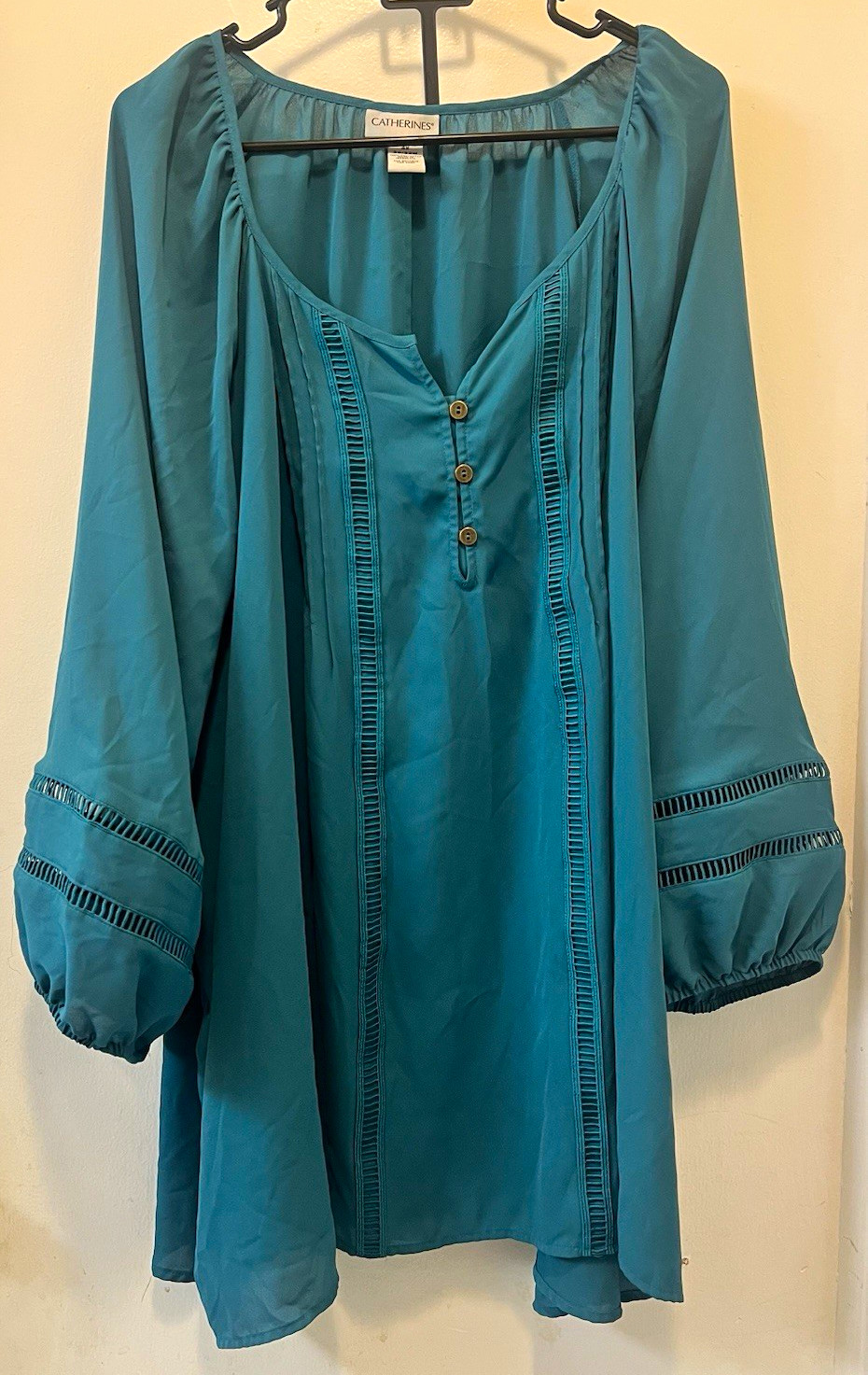 Catherines Womens 4X Teal Solid Scoop Neck 3/4 Balloon Sleeve Tunic Blouse Catherines Womens 4X Teal Solid Scoop Neck 3/4 Balloon Sleeve Tunic Blouse
