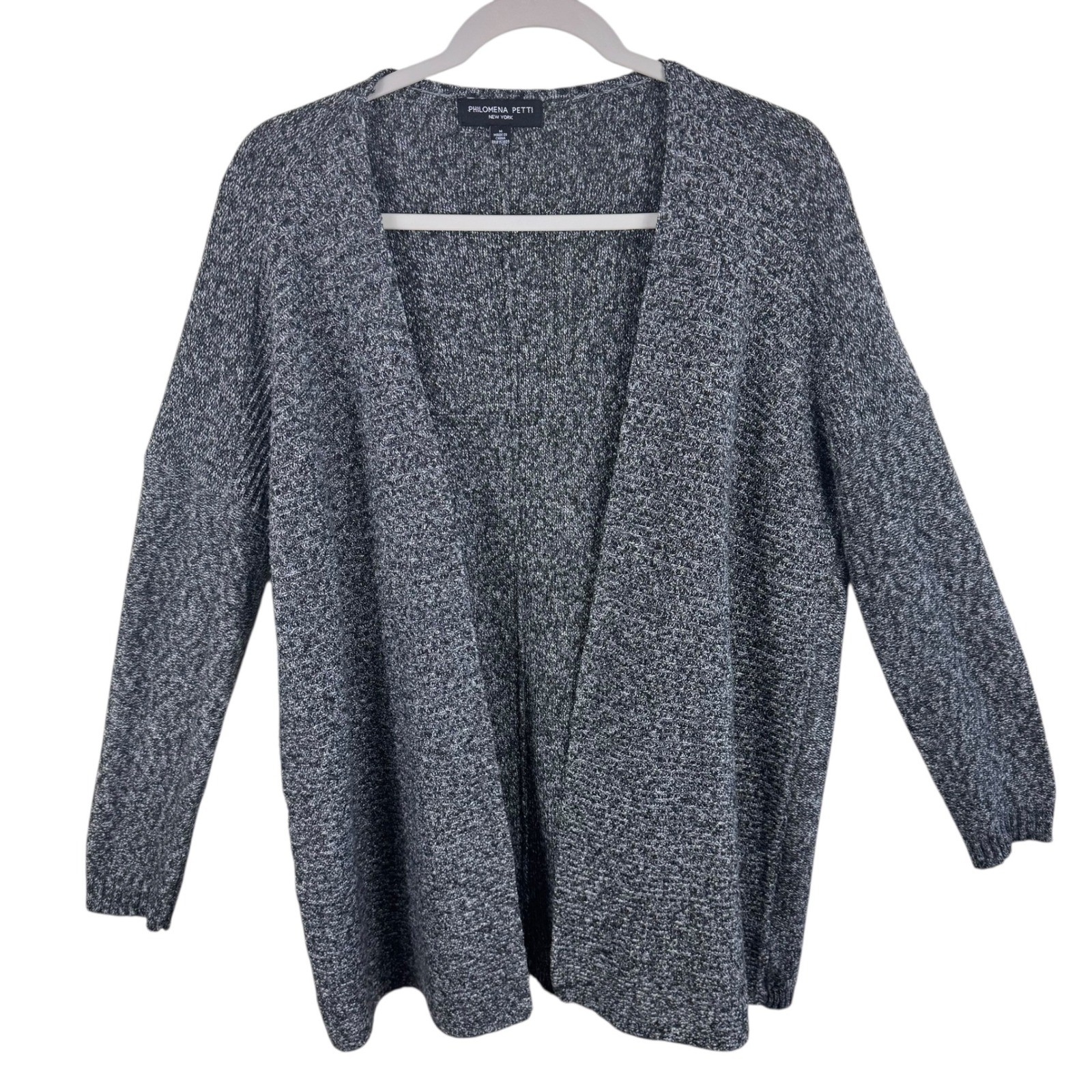 Philomena Petti New York Womens Cardigan Sweater M Speckled Gray Knit Open Front