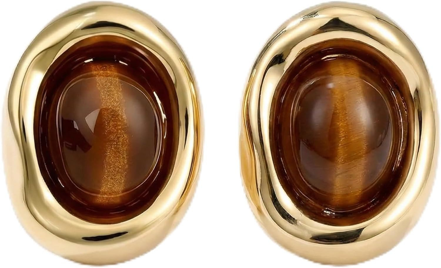 Gold Plated Tiger Eye Stud Earrings for Women, Vintage Brown Oval Gemstone Earri