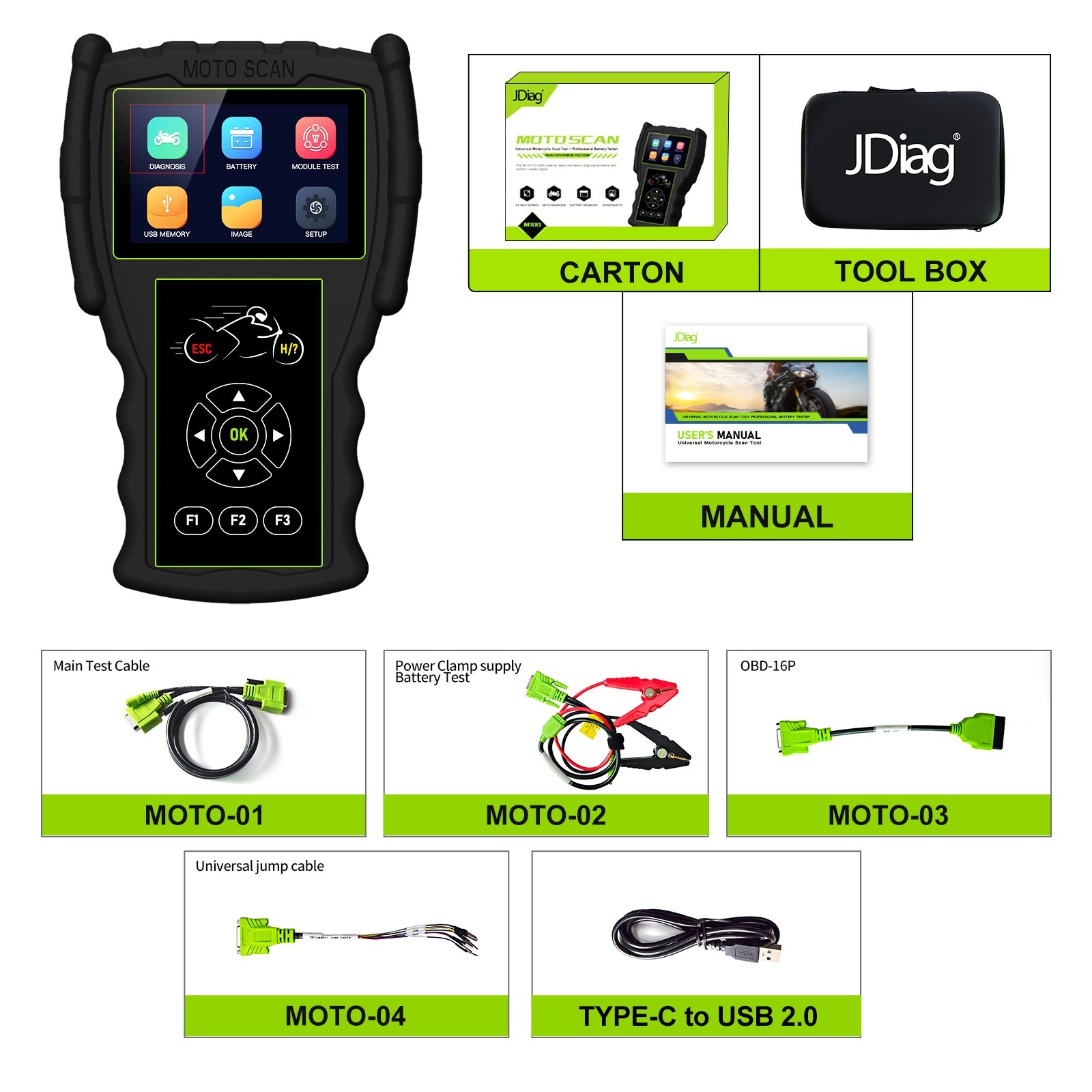 JDiag M100 Pro OBD2 Motorcycle Scanner ABS TPMS WiFi Battery Tester Full System