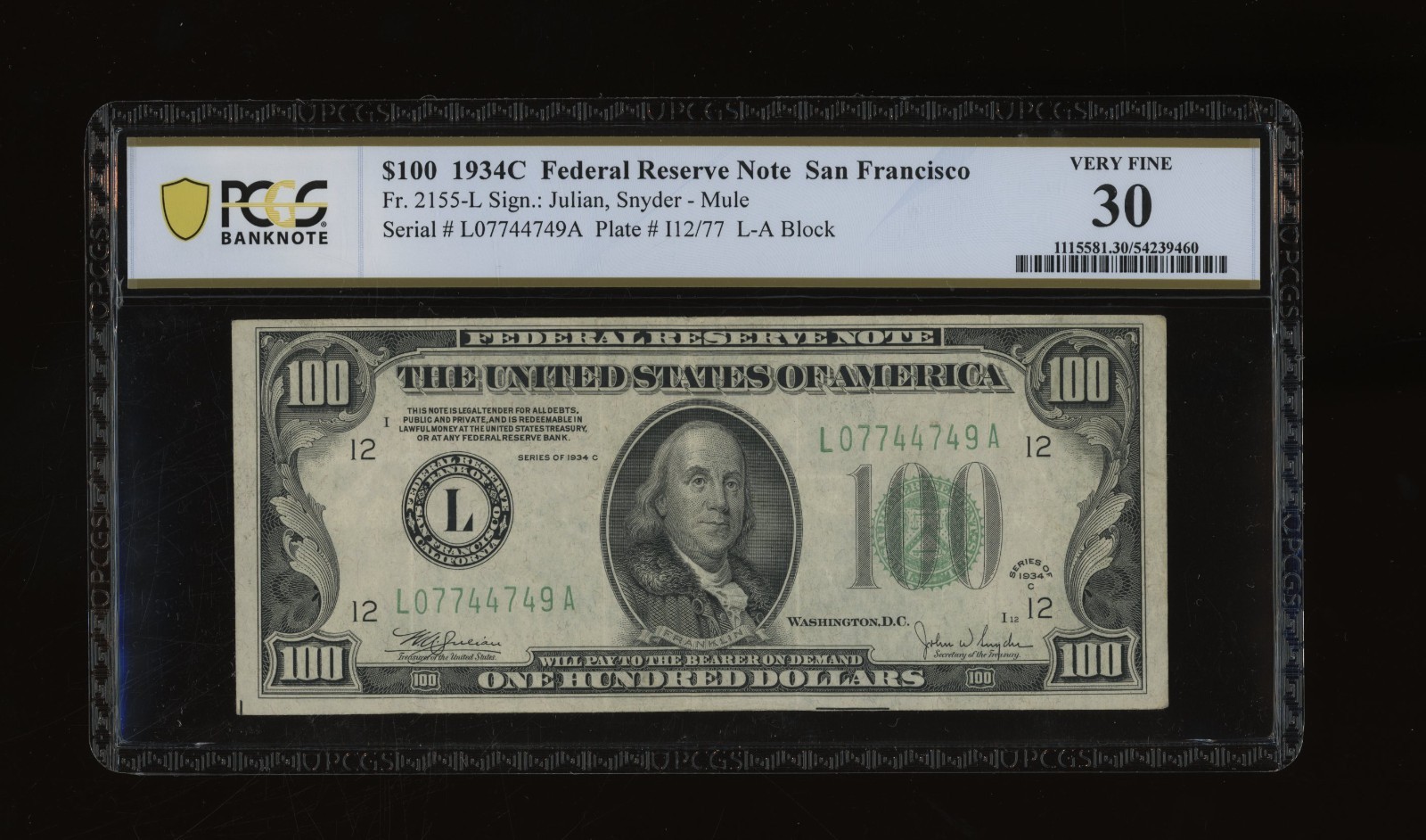 DBR 1934-C $100 FRN San Francisco Mule Fr. 2155-Lm PCGS-B 30 Serial L07744749A